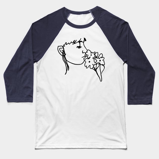 Smelling Flowers One Line Art Baseball T-Shirt by wildjellybeans